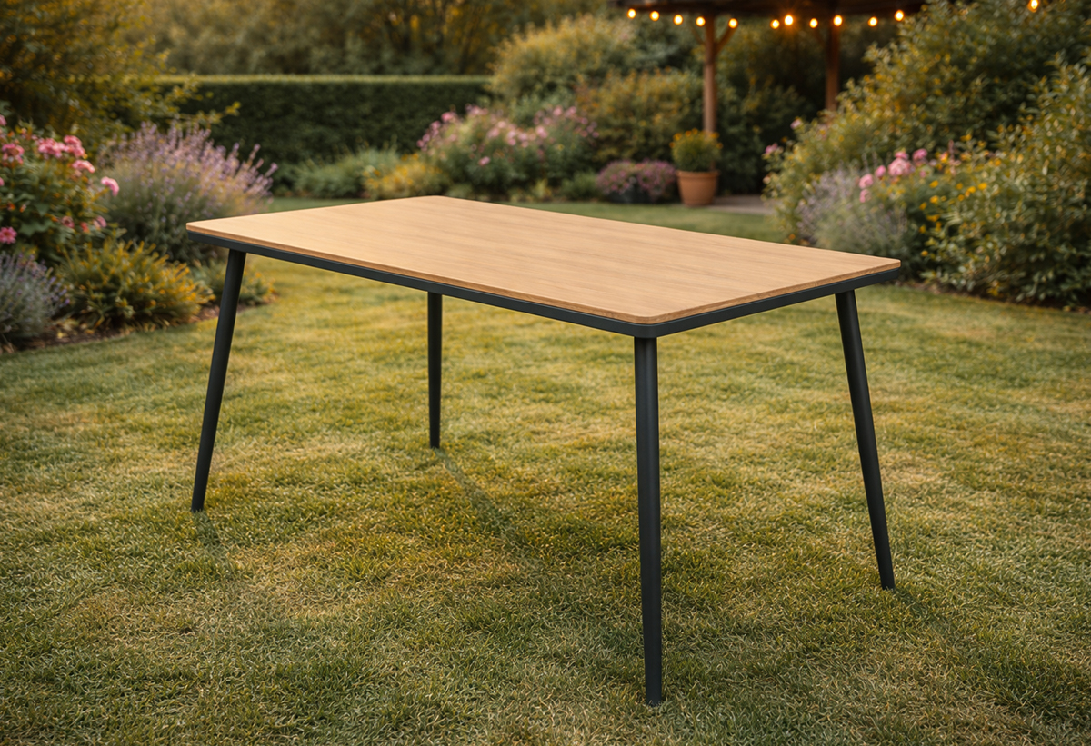 Απεικονίζεται το τραπέζι σε κήπο.